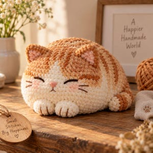 May include: A crocheted orange and white tabby cat plush toy with closed eyes, pink cheeks, and a small pink nose. The cat is in a resting position with its paws tucked underneath. A round wooden tag reads "Small Stitches Big Happiness".