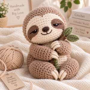 May include: A crocheted sloth toy with light brown and cream yarn, featuring a dark brown eye patch, a small black nose, and pink cheeks. The sloth holds a small green branch with two leaves. A ball of yarn and a tag with text are nearby.
