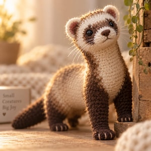 May include: A crocheted ferret plush toy featuring a cream-colored chest and face with dark brown fur on its limbs, back, and tail. The toy has black eyes, a brown nose, and thin white whiskers. A small box nearby displays the text Small Creatures Big Joy.