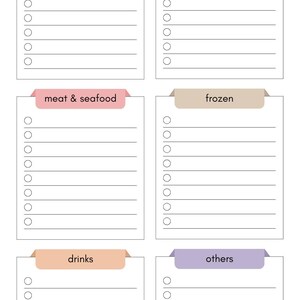 Peut inclure: Une liste de courses blanche avec le texte GROCERY LIST et week of en haut. Elle comprend six sections catégorisées intitulées dairy, fruits & veggies, meat & seafood, frozen, drinks et others, chacune avec des lignes horizontales et des cercles.