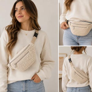 May include: A cream-colored crochet fanny pack featuring a textured, woven pattern, a front zippered pocket, and an adjustable beige strap with a black plastic side-release buckle. The bag is worn across the chest and around the waist.