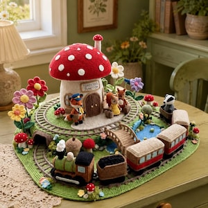 Crochet Mushroom House Train Set Pattern | Woodland Amigurumi Play Mat (PDF Download)