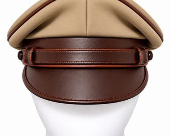 Handmade Beige & Brown Sheepskin Leather Peaked Cap – Vintage Cosplay Hat