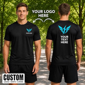 May include: A black short-sleeve t-shirt and black shorts. The front of the shirt features a small blue lightning bolt logo with the text YOUR LOGO. The back displays a large blue lightning bolt logo with the text YOUR TEXT HERE below it.