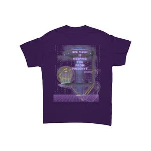 May include: A dark purple t-shirt featuring a graphic print of a UFO hovering over a stylized human head. The text reads BIG TECH IS KEEPING YOU FROM FINESHYT, ERROR, and HUMANITY IS NOT FOR CONSUMPTION, set against a background of digital code.