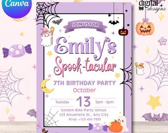 Editable Spooktacular Halloween Birthday Invitation Template | Cute Pastel Purple Ghost Kids Halloween Party Invite Digital Download
