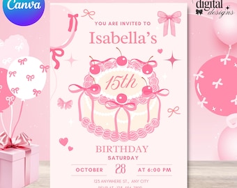 Pink Cherry Birthday Invitation Template, Coquette Cake Invite, Editable Canva (Digital Download)