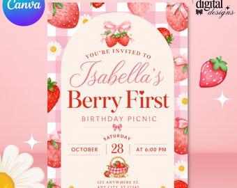 Berry First Birthday Invitation Template | Editable Strawberry 1st Birthday Invite, Berry Sweet Girl Birthday Invitation (Digital Download)