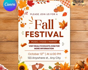 Fall Festival Flyer Template | Autumn Festival Invitation | Fall Event Flyer | Harvest Party Flyer | Editable Canva Template | Autumn Party