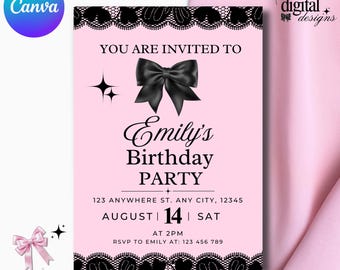 Pink Coquette Birthday Invitation Template | Editable Birthday Party Invite | Black Bow Birthday Invitation, Canva Template