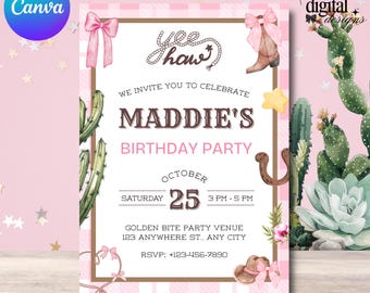 Pink Cowgirl Birthday Invitation Template, Western Birthday Party Invite, Editable Canva Cowgirl Invitation