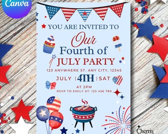 4th of July Invitation Template | Editable Independence Day Party Invite | Patriotic BBQ Cookout Invitation | Digital Download