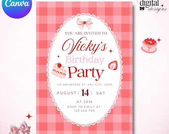 Strawberry Birthday Invitation Template | Pink Gingham, Bows (Digital Download)