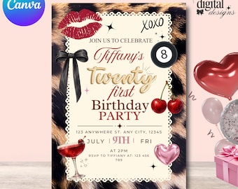 Leopard Print 21st Birthday Invitation Template | Y2K Mob Wife Birthday Invite | Cherry Coquette Party Invitation | Editable Canva Template