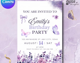 Purple Butterfly Birthday Invitation Template | Editable Butterfly Party Invite | Lavender Girl Birthday Invitation | Digital Download