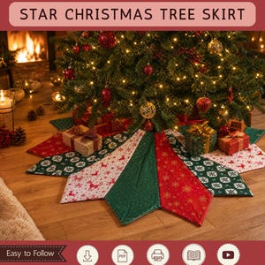May include: A star-shaped Christmas tree skirt featuring alternating panels of red, dark green, and white fabric with festive patterns including reindeer and snowflakes. The skirt is displayed under a decorated Christmas tree with gifts.