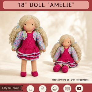 May include: Two handmade dolls named Amelie with blonde yarn hair, wearing magenta dresses with tiered skirts, paisley bolero jackets, and matching shoes. The text reads Sami Dolls, 18" Doll Amelie, PDF Sewing Pattern, and Fits Standard 18" Doll Proportions.