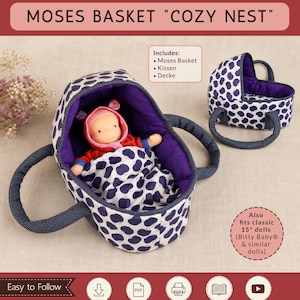 May include: A PDF sewing pattern for a Moses basket titled "COZY NEST" by Sami Dolls. The pattern includes instructions for a basket, pillow, and blanket. The basket features a dark blue and white spotted fabric with a purple interior lining.