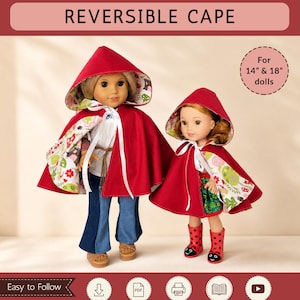 Peut inclure: Un patron de couture PDF pour une cape réversible pour poupées de 14 et 18 pouces. L'image montre deux poupées portant des capes rouges avec des liens en ruban blanc et une doublure à motifs de champignons et de feuilles. Texte : Sami Dolls Reversible Cape.