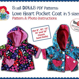 Op de afbeelding: PDF-naai-patroon voor een liefdeshart-zakjas voor poppen. Het patroon is verkrijgbaar in vijf maten: 20 cm, 25 cm, 30 cm, 38 cm en 46 cm. Het patroon bevat foto-instructies en een link naar een YouTube-videotutorial.