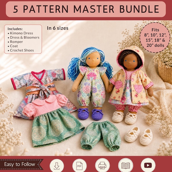 Waldorf Doll 5 Pattern Master Bundle | 6 Sizes 8–20 Inch | Kimono Dress Romper Reversible Coat Bloomers Crochet Shoes PDF