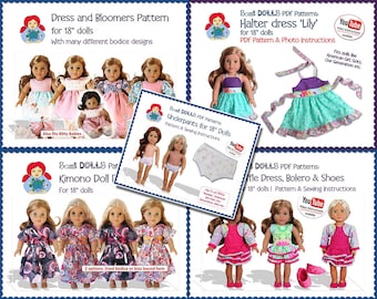 18-inch pdf-poppenkleding-patronenbundel | 5 outfits, Amerikaanse meisjesmaat (digitale download)