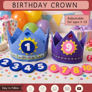 May include: A PDF sewing pattern for a birthday crown by Sami Dolls. The image shows a blue felt crown with a number 1 and a purple felt crown with a number 9, both featuring decorative trim and gems. Includes felt number discs from 2 to 10.