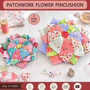 May include: A PDF sewing pattern for a patchwork flower pincushion by Sami Dolls. The image displays two finished pincushions in two sizes, featuring colorful floral fabric petals and a central button. Includes text: Sami Dolls, Patchwork Flower Pincushion, 2 sizes incl., Easy to Follow, Instant Download, PDF Pattern, DIN A4 / US Letter, Step by Step Instructions, Video Tutorials.