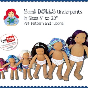 Può includere: Una collezione di bambole di stoffa fatte a mano di varie dimensioni, ognuna con biancheria intima a fantasia. Le bambole hanno capelli di diversi colori e sono disposte in fila. Il testo in alto recita "Sami DOLLS Underpants in taglie da 20cm a 51cm PDF Pattern and Tutorial."