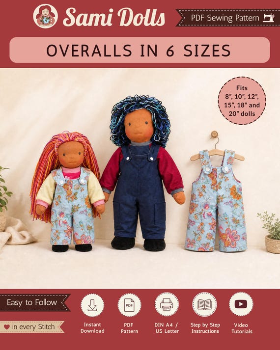 Waldorf Doll Overalls Pattern in 6 Sizes 8–20 Inch | Lined Doll Overalls PDF | Sami Doll Clothes Pattern | Instant Download