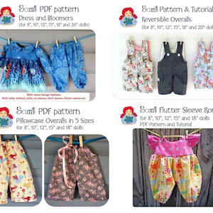 May include: Four different PDF sewing patterns for doll clothes. The patterns include a dress and bloomers, reversible overalls, pillowcase overalls, and a flutter sleeve romper. The patterns are available in multiple sizes for dolls ranging from 8 to 20 inches.