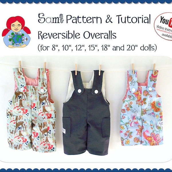 INSTANT DOWNLOAD Reversible Overalls PDF pattern 8, 10, 12, 15, 18 and 20 Inch Dolls