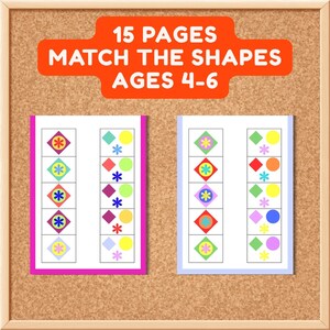 Puede incluir: Hojas de actividades educativas tituladas 15 PAGES MATCH THE SHAPES AGES 4-6. Dos fichas rectangulares blancas presentan columnas de formas geom&eacute;tricas y flores de colores, dise&ntilde;adas para ejercicios de asociaci&oacute;n en rojo, azul y amarillo.