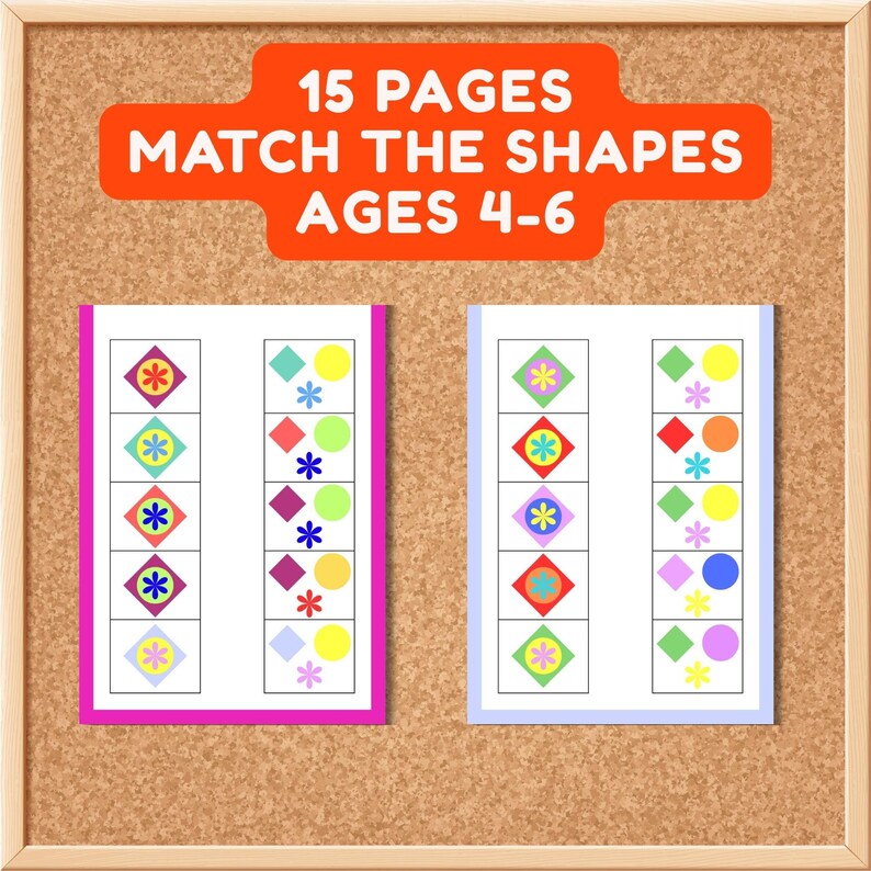 Puede incluir: Hojas de actividades educativas tituladas 15 PAGES MATCH THE SHAPES AGES 4-6. Dos fichas rectangulares blancas presentan columnas de formas geom&eacute;tricas y flores de colores, dise&ntilde;adas para ejercicios de asociaci&oacute;n en rojo, azul y amarillo.