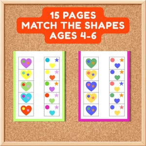 Puede incluir: Dos hojas de actividades educativas con 15 p&aacute;ginas de ejercicios para emparejar formas para ni&ntilde;os de 4 a 6 a&ntilde;os. Cada hoja contiene columnas de corazones, c&iacute;rculos y estrellas de colores en varias disposiciones, con bordes verde y rosa.