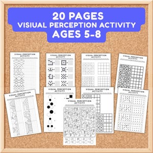May include: A set of 20 pages of visual perception activity worksheets for ages 5-8. Each white paper sheet features black printed grids, geometric shapes, dot patterns, and search-and-find puzzles with the title Visual Perception Activity.