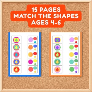 Puede incluir: Un conjunto de 15 p&aacute;ginas titulado Match the Shapes Ages 4-6, que presenta dos hojas de actividades blancas con bordes azules y naranjas. Cada hoja contiene columnas de formas geom&eacute;tricas coloridas e iconos de gotas para ejercicios.