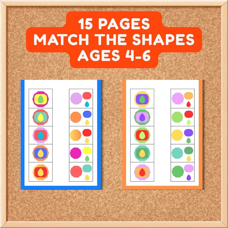 Puede incluir: Un conjunto de 15 p&aacute;ginas titulado Match the Shapes Ages 4-6, que presenta dos hojas de actividades blancas con bordes azules y naranjas. Cada hoja contiene columnas de formas geom&eacute;tricas coloridas e iconos de gotas para ejercicios.