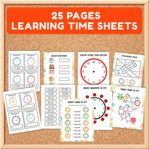 Könnte beinhalten: Eine Sammlung von 25 Seiten mit Lernblättern zum Thema Uhrzeit, die verschiedene Uhrenillustrationen, Tagesablaufpläne und Übungen enthalten. Die Seiten zeigen Texte wie 25 PAGES LEARNING TIME SHEETS, DAILY ROUTINE, DRAW YOUR OWN CLOCK und WHAT TIME IS IT.