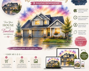 Custom Watercolor House | House Portrait from Photo | Personalized New Home Gift | Housewarming Gift | Gift For Her | Digital Download