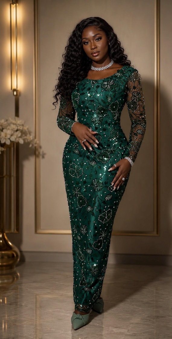 emerald green dress with sheer sleeves African Lace | Elegant Wedding Guest Dress Welcome Party