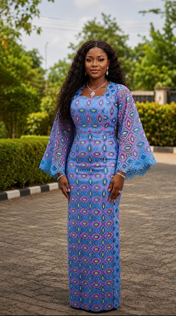 Blue African Lace Dress | Luxury Wedding Guest Dress | Nigerian Aso Ebi Dress | Elegant Mermaid Evening Gown