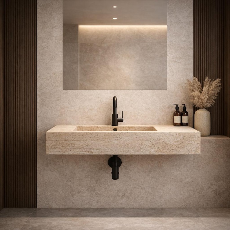 May include: A wall-mounted rectangular beige stone sink featuring a matte black faucet and matching drain pipe. The sink is positioned against a textured beige stone wall with vertical dark wood paneling on both sides and a rectangular mirror above.
