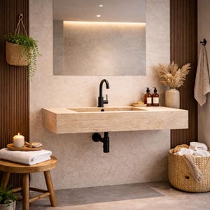 May include: A wall-mounted beige stone sink featuring a matte black faucet and drain pipe. The sink is positioned below a rectangular mirror. Accessories include a hanging woven basket with greenery, a wooden stool with a white towel, and a floor basket.