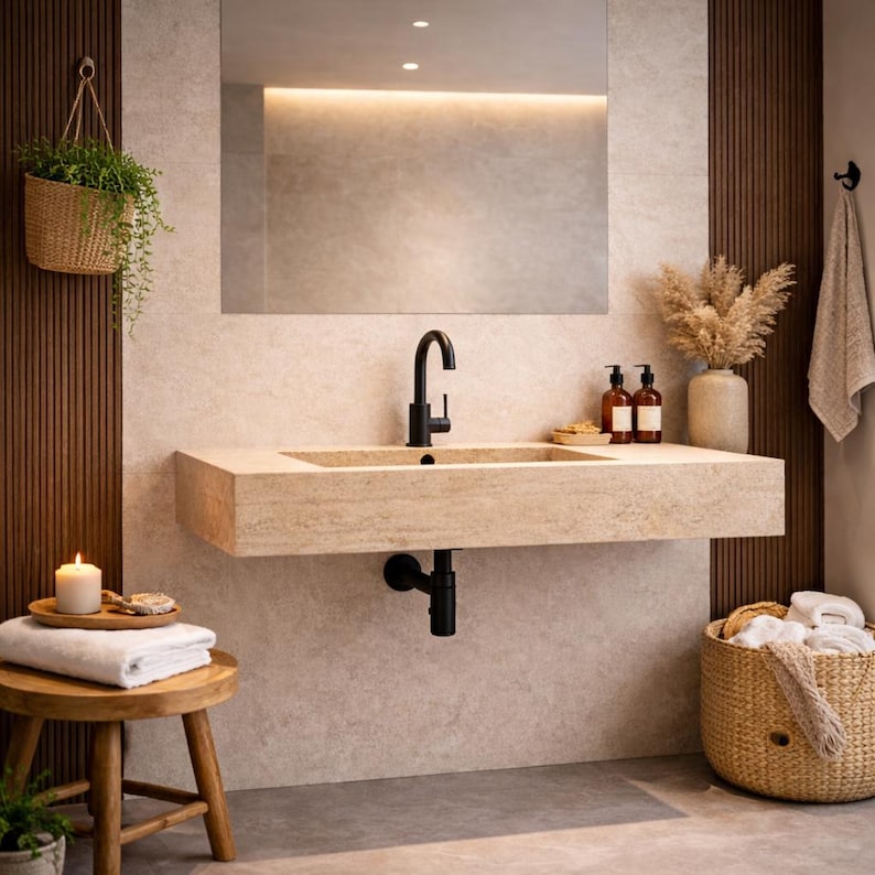 May include: A wall-mounted beige stone sink featuring a matte black faucet and drain pipe. The sink is positioned below a rectangular mirror. Accessories include a hanging woven basket with greenery, a wooden stool with a white towel, and a floor basket.