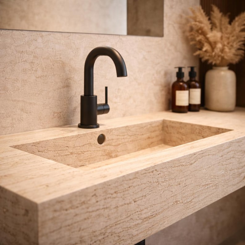 May include: A matte black curved faucet mounted on a rectangular beige travertine stone sink basin. The sink features a central drain hole and a textured natural stone surface. Two dark amber glass soap bottles sit on the counter nearby.