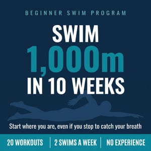 Può includere: Un grafico blu scuro con testo bianco e turchese che recita BEGINNER SWIM PROGRAM, SWIM 1,000m IN 10 WEEKS, Start where you are, even if you stop to catch your breath, 20 WORKOUTS, 2 SWIMS A WEEK, NO EXPERIENCE, con una sagoma di nuotatore.