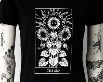 Die Sonne, Tarot, Damen Viskose T-Shirt, handbedruckt, schwarz