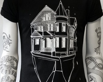 Haunted House, T-Shirt, schwarz, handbedruckt, Geisterhaus, gespenstisch, haunted, Architektur