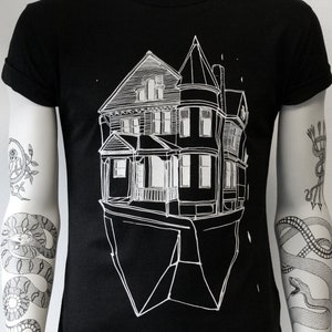 Haunted House, t-shirt, black, hand printed, ghost house, spooky, haunted, architecture